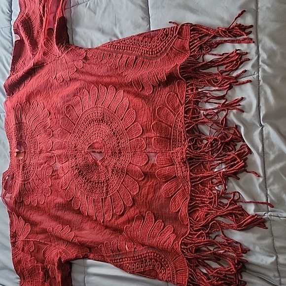 Chico's Deep Cherry Lace Kimono with Fringe Detail- NEW WITH TAGS! Sz L/XL - Picture 3 of 7